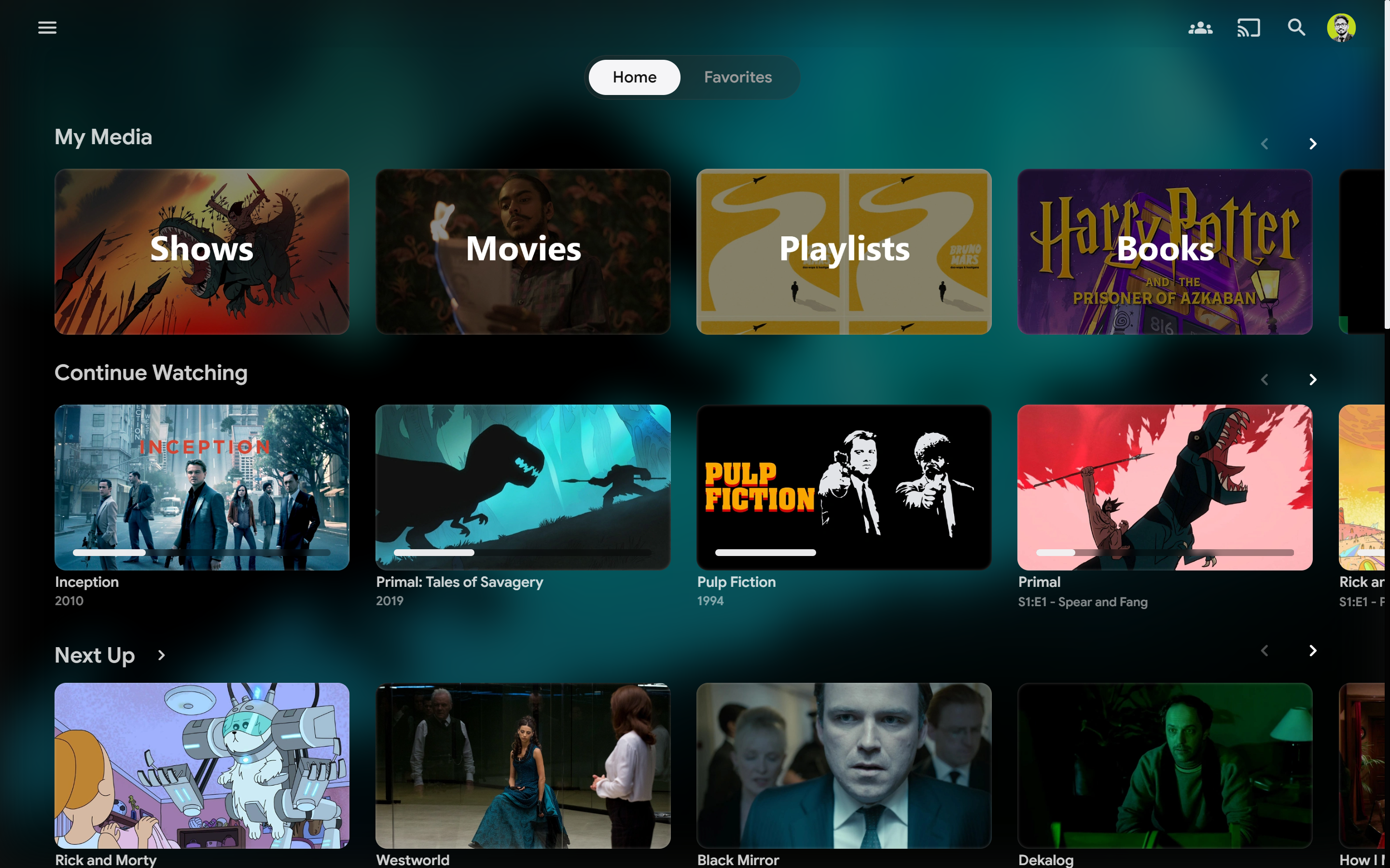 Abyss theme - Jellyfin home screen showing My Media section with frosted glass header
